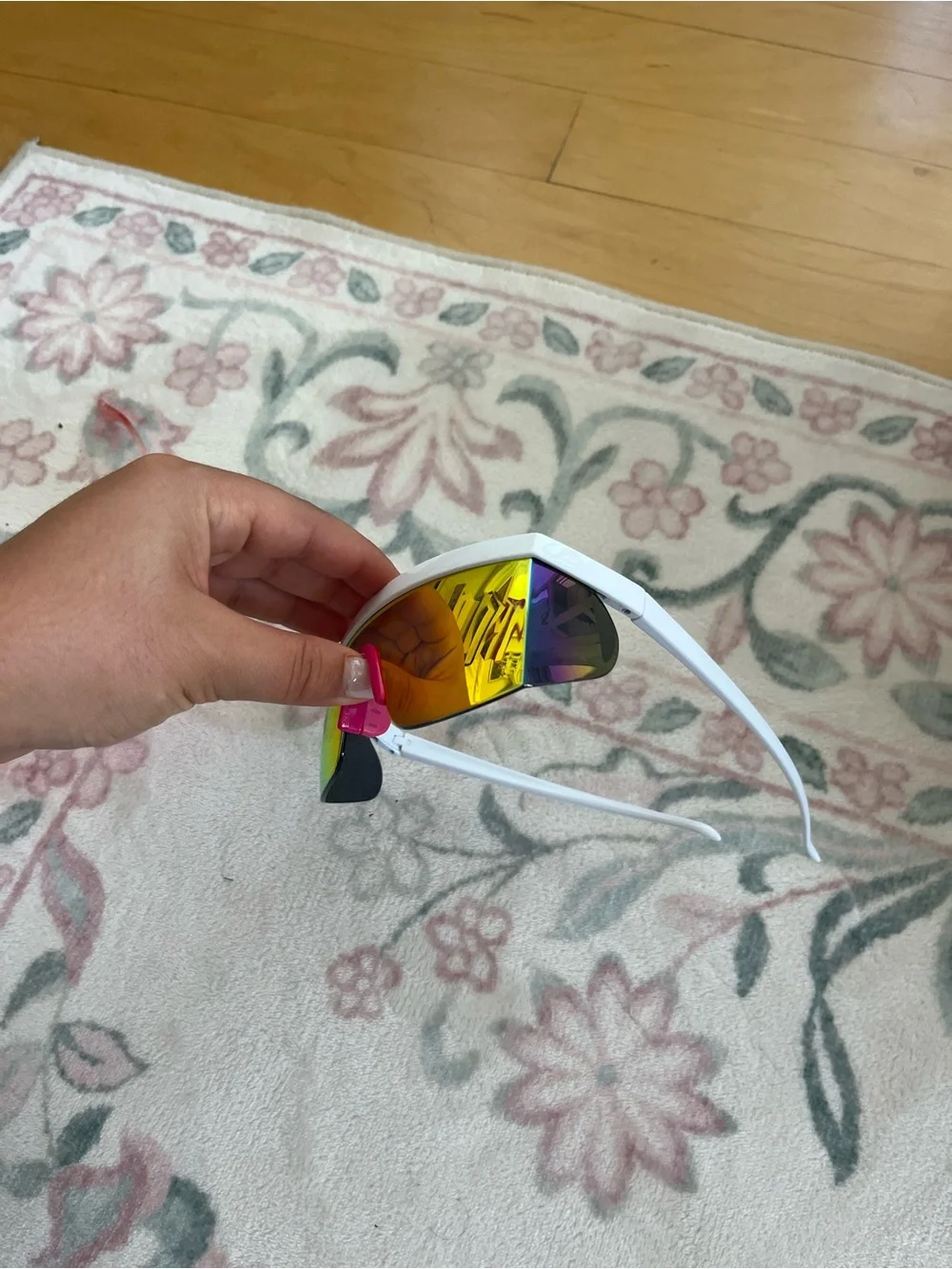White Frame Shield Sunglasses with Orange Mirrored Lens and Pink Nose Pad